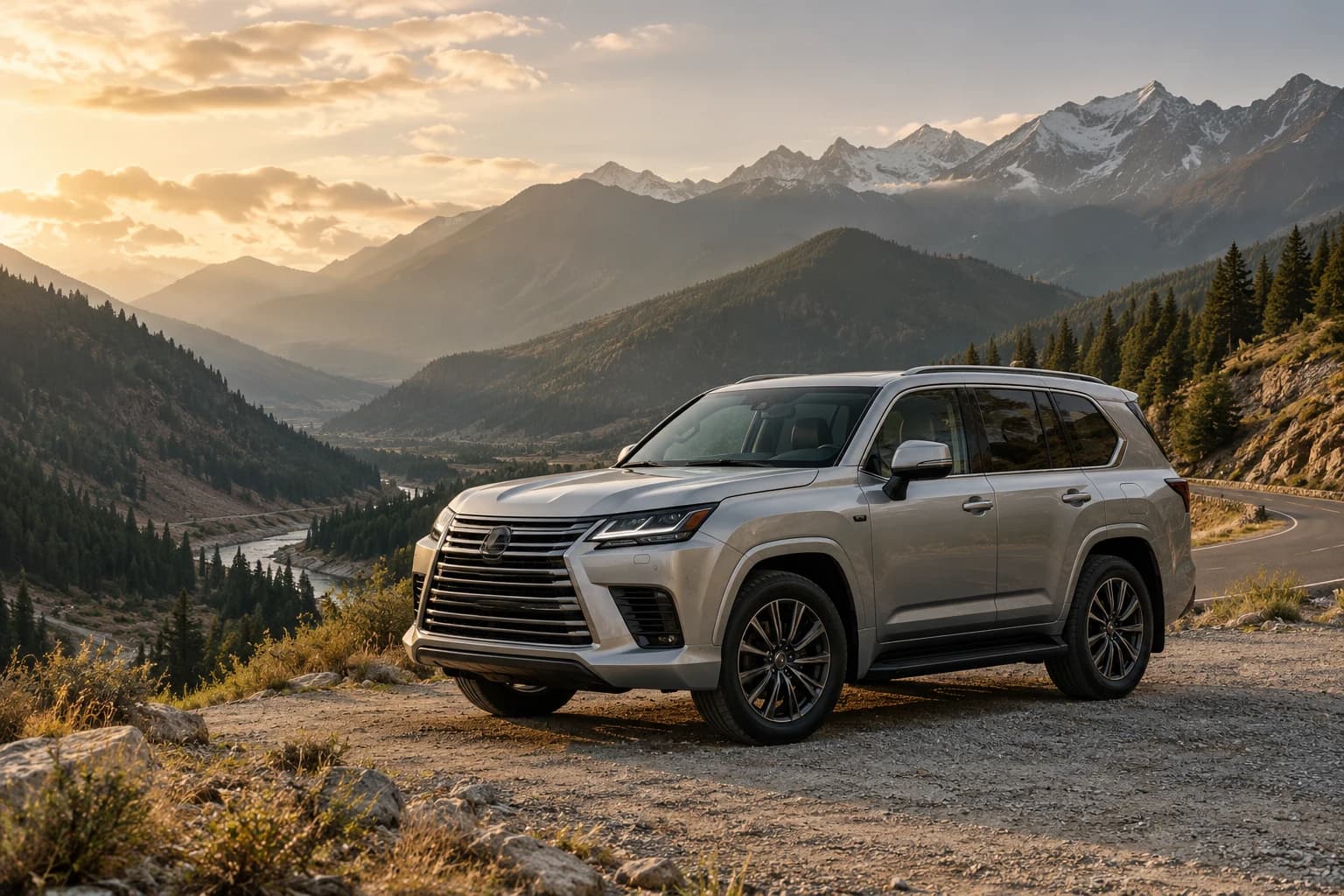 A silver luxury SUV overlooking the sunlit mountains of northern Pakistan